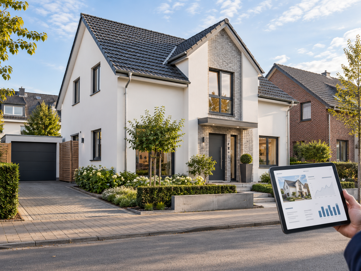 Wohnhaus und Tablet zur Einschätzung des Immobilienpreises