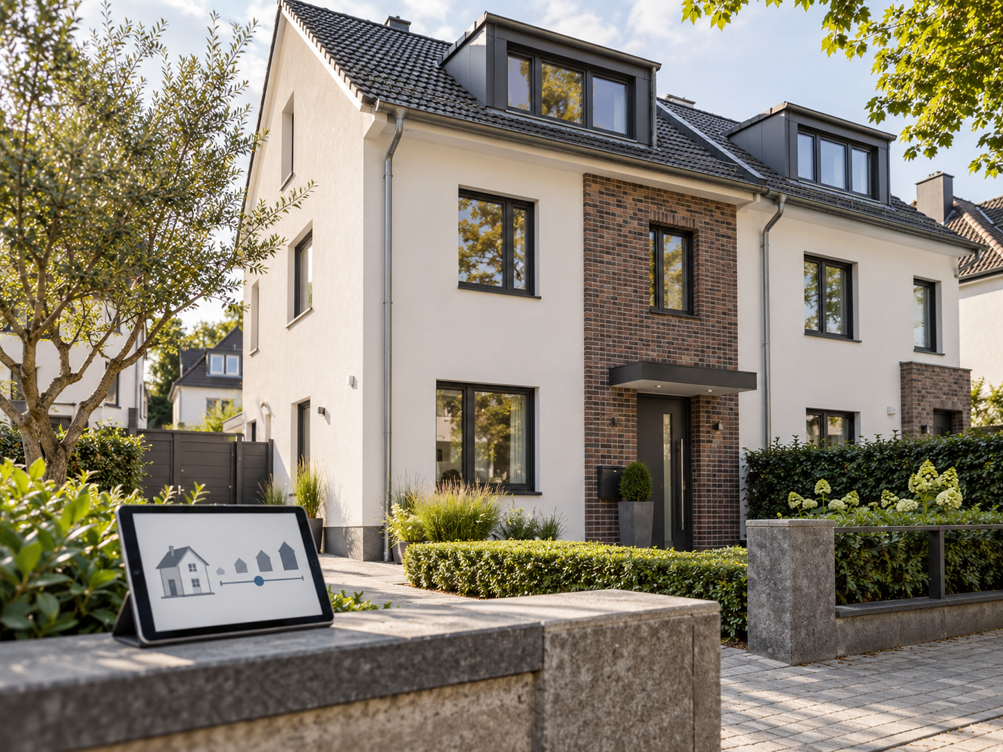 Wohnhaus und Tablet zur Immobilienbewertung
